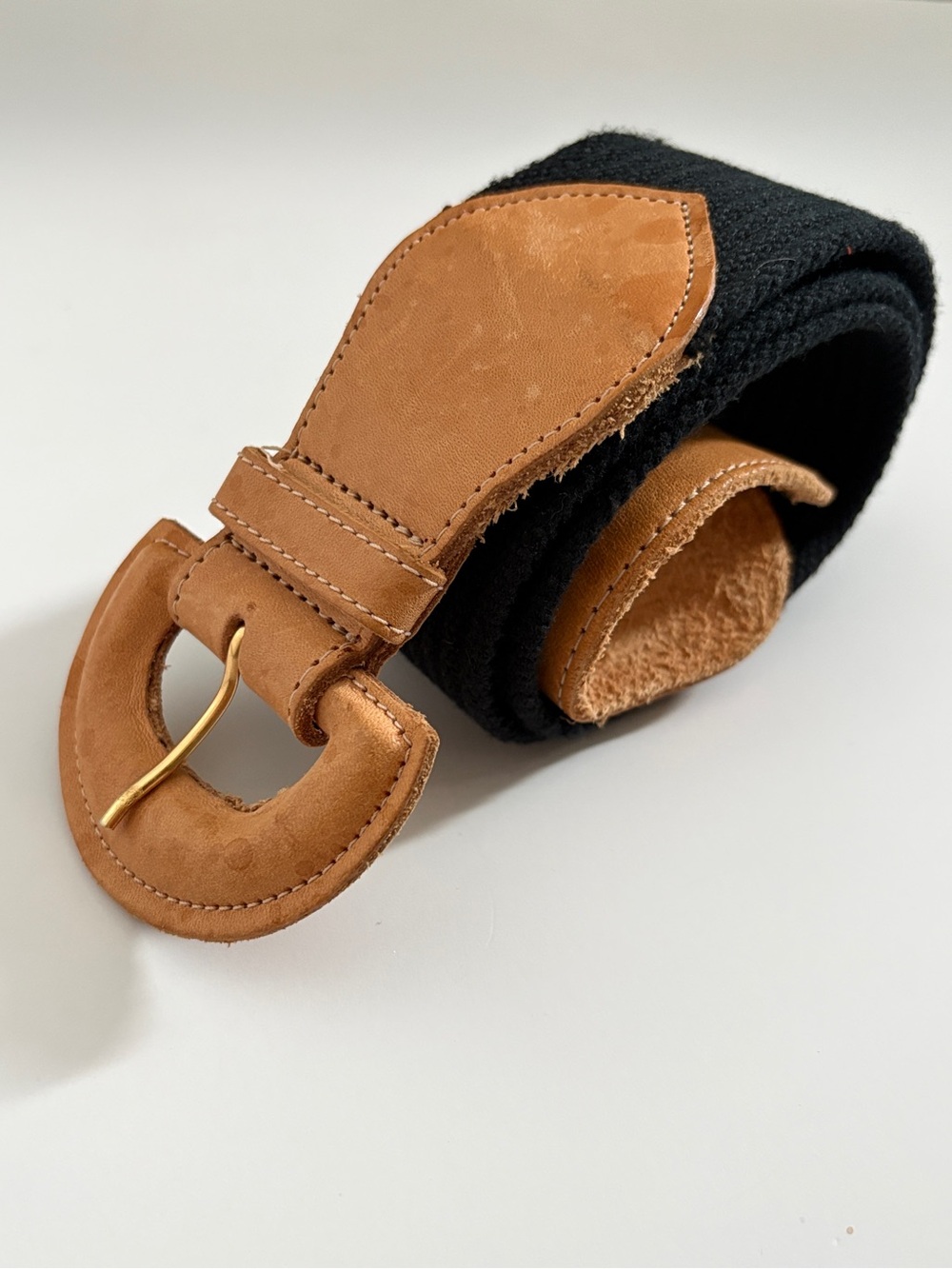 Vintage Black Elastic Woven Belt with Tan Leather Crescent Buckle